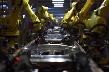 Yellow robots in automotive factory assembling car components