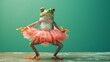 Frog Wearing Pink Tutu Balancing on One Leg