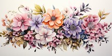 Drawn Painted Bloom Blossom Flowers In Watercolor Style With Many Colors. Floral Botanical Abstract Plants Decoration Collection