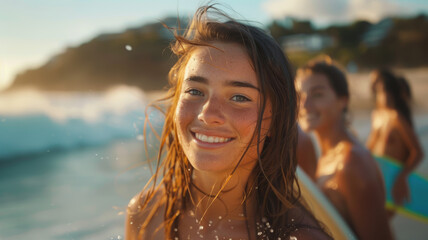 Sticker - Portrait of a woman on the ocean shore.