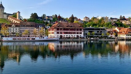 Poster - Historical medieval towns of Switzerland. scenic Schaffhausen  and view of Munot castle over susnet, Rhein river