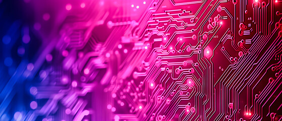 Digital motherboard technology, abstract concept of computer hardware and communication, futuristic blue and violet circuit design