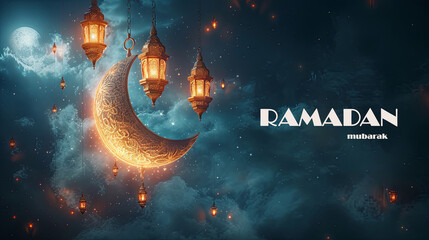 Wall Mural - Ramadan Kareem Mubarak background with crescent moon and lanterns.