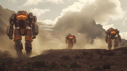 giant robot mechas running into a vulcanic landscape  