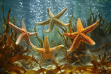 Fototapeta  - Elegant underwater scene featuring a variety of sea stars against a backdrop of swaying sea plants