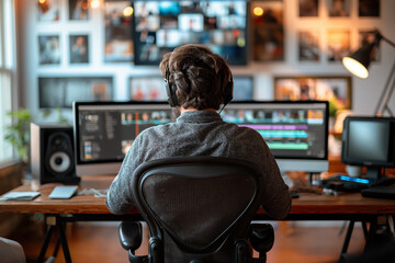 Wall Mural - The editor is editing video at the computer in studio