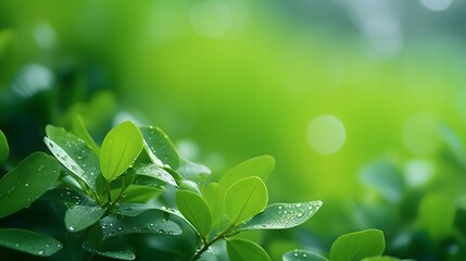 Fresh green leaves against blurred greenery natural background. Young plant with raindrops for ecology and nature concept.
