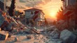 A stunning image of a demolished building with the sun setting behind it. Perfect for illustrating urban decay or the passage of time.