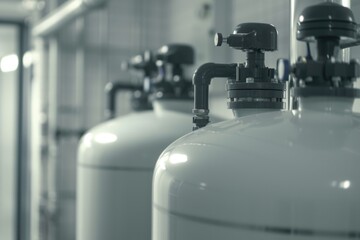 Poster - A row of water tanks in a building. Suitable for illustrating water storage, infrastructure, or urban architecture