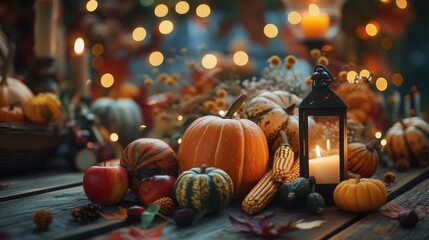 Poster - A table filled with an abundance of pumpkins and gourds. Perfect for autumn and harvest-themed decorations