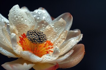 Canvas Print - A detailed close-up of a flower with glistening water droplets. Perfect for adding a touch of nature and freshness to any project