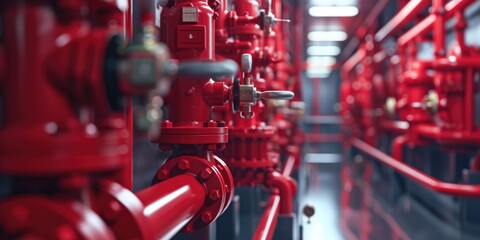Canvas Print - A collection of red pipes and valves in a room. Suitable for industrial and plumbing-related themes