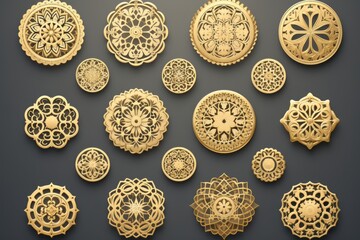 A collection of decorative gold buttons on a gray background. Can be used for fashion design or crafts