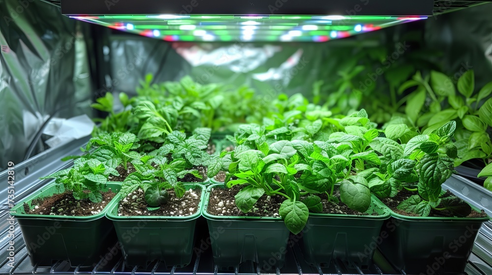 Indoor farm with rows of seedlings of herbs and vegetables under LED ...