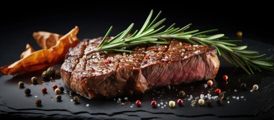 Poster - Succulent thick grilled beef steak trimmed for fat for a healthy diet on a griddle with a sprig of fresh rosemary and seasoned with salt and peppercorns. Creative Banner. Copyspace image