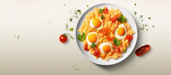 Aufkleber - Stir fried egg with tomato Scrambled eggs with tomatoes and cooked rice on white plate. Creative Banner. Copyspace image