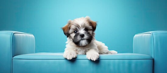 Poster - Shih tzu puppy lying on the blue sofa and facing the camera. Creative Banner. Copyspace image