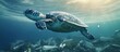 Sea turtle swimming in ocean invaded by plastic bottles Pollution in oceans concept. Creative Banner. Copyspace image
