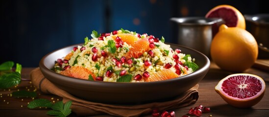 Sticker - salad couscous with grapefruit and pomegranate seeds. Creative Banner. Copyspace image