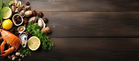 Canvas Print - Mussels in shells squid in a bowl octopus shrimps with lemon thyme and onions in a plate standing on a white wooden table with shells and stones. Creative Banner. Copyspace image