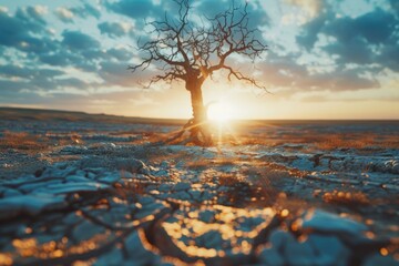 Poster - A solitary tree stands in the center of a desolate field. Suitable for landscape and nature-related projects