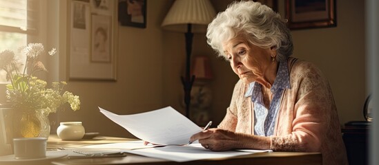 Thoughtful elderly retired woman thinking over paper documents analyzing agreement terms checking bills at home table getting troubles making decision feeling doubt. Creative Banner. Copyspace image