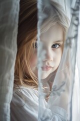 Canvas Print - A young girl peering through a window, curious about the world outside. Perfect for illustrating innocence and curiosity.