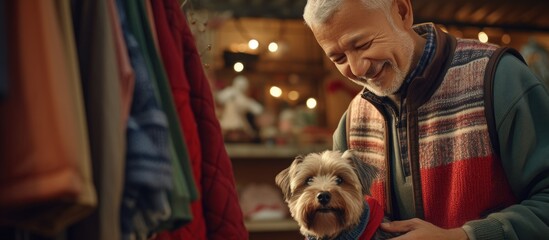 Old man buying clothing for his little dog in pet shop Asian woman salesroom worker offering cozy sweater to him. Creative Banner. Copyspace image