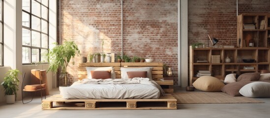 Poster - Modern bedroom in a loft Urban apartment with pallet bed scandinavian eco design. Creative Banner. Copyspace image