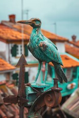 Sticker - A bird statue perched atop a roof. Perfect for architectural and nature-themed projects