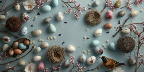 Canvas Print - A bird sits on top of a nest filled with eggs. Perfect for nature or wildlife themes