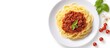 Spaghetti pasta with bolognese sauce and parmesan cheese top view. Creative Banner. Copyspace image