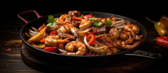 Poster - Sizzling Fajitas Chicken beef shrimp combo. Creative Banner. Copyspace image