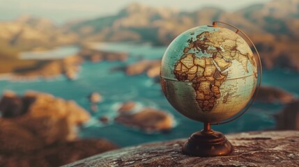 Wall Mural - A globe sitting on top of a rock next to a body of water. This image can be used to represent travel, exploration, or the concept of global connectivity