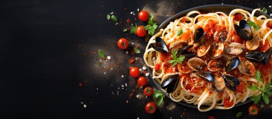 Canvas Print - Penne pasta with seafood in a plate on the table Italian pasta dish with mussels squid tomatoes and parmesan close up. Creative Banner. Copyspace image