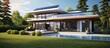 Modern House Exterior Beautiful New Contemporary House with Solar Panels Solar Energy Solar Water Heater Skylights Outdoor. Creative Banner. Copyspace image
