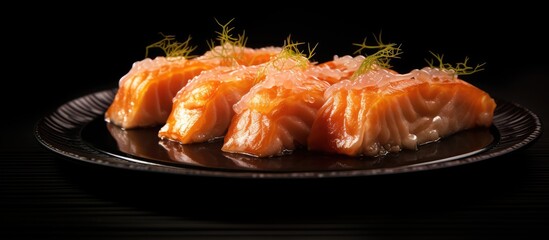 Sticker - Sushi roll with fried salmon on black plate. Creative Banner. Copyspace image