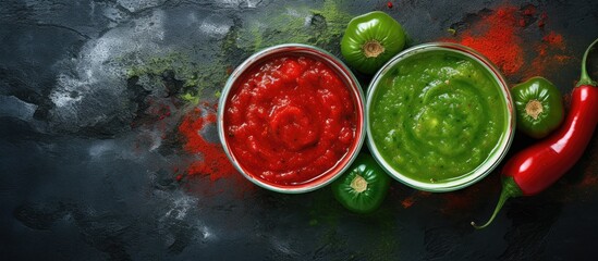 Poster - mexican red and green sauces spicy hot chili sauce made with chilli pepper garlic and tomatoes food in Mexico city. Creative Banner. Copyspace image