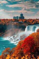 Poster - A stunning waterfall surrounded by a vibrant green forest. Perfect for nature lovers and those seeking a peaceful escape