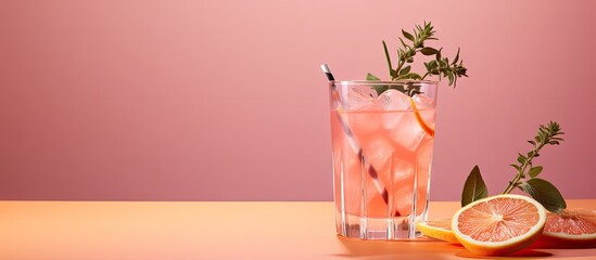 Poster - Mocktail Paloma Refreshing grapefruit cocktail with ice and thyme Cocktail of fresh pink Paloma. Creative Banner. Copyspace image