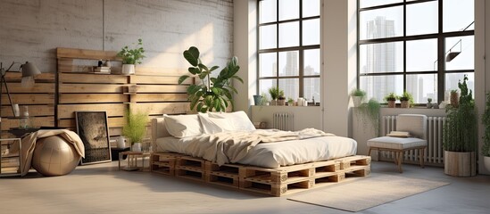 Poster - Modern bedroom in a loft Urban apartment with pallet bed scandinavian eco design. Creative Banner. Copyspace image
