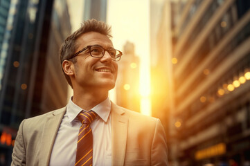 Wall Mural - Businessman with glasses standing on busy city street. Confident entrepreneur navigating urban life, embracing modern professionalism amidst corporate hustle and bustle