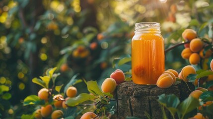 Sticker - A jar of orange juice sitting on top of a tree stump. Perfect for illustrating freshness and natural flavors.