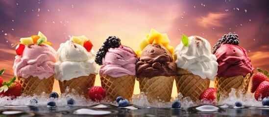 Poster - Various sweet taco ice creams Waffle taco shells with chocolate and vanilla flavour ice cream with different fruits berry toppings. Creative Banner. Copyspace image