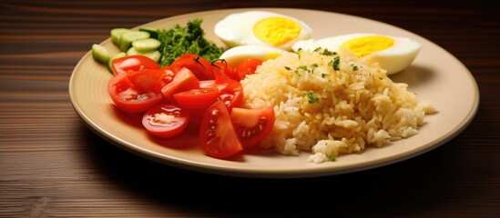Aufkleber - Stir fried egg with tomato Scrambled eggs with tomatoes and cooked rice on white plate. Creative Banner. Copyspace image