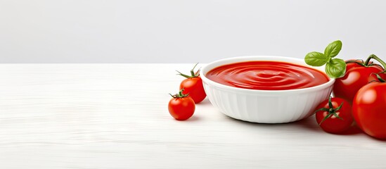 Canvas Print - tomato sauce in white bowl and on a table. Creative Banner. Copyspace image