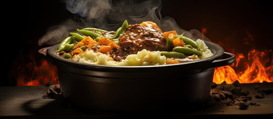 Wall Mural - Pot roast in a cast iron dutch oven green beans and mushed potato. Creative Banner. Copyspace image