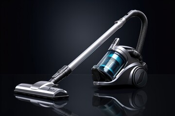 Wall Mural - A vacuum cleaner and a canister placed on a sleek black surface. Perfect for household cleaning or professional cleaning service advertisements