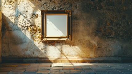 Wall Mural - Blank antique wooden picture frame hangs on an old stone wall with sunbeams