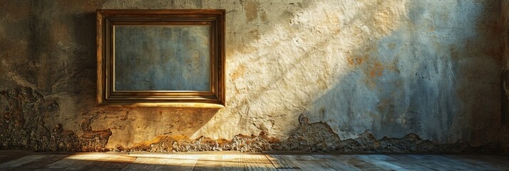 Wall Mural - Blank antique wooden picture frame hangs on an old stone wall with sunbeams